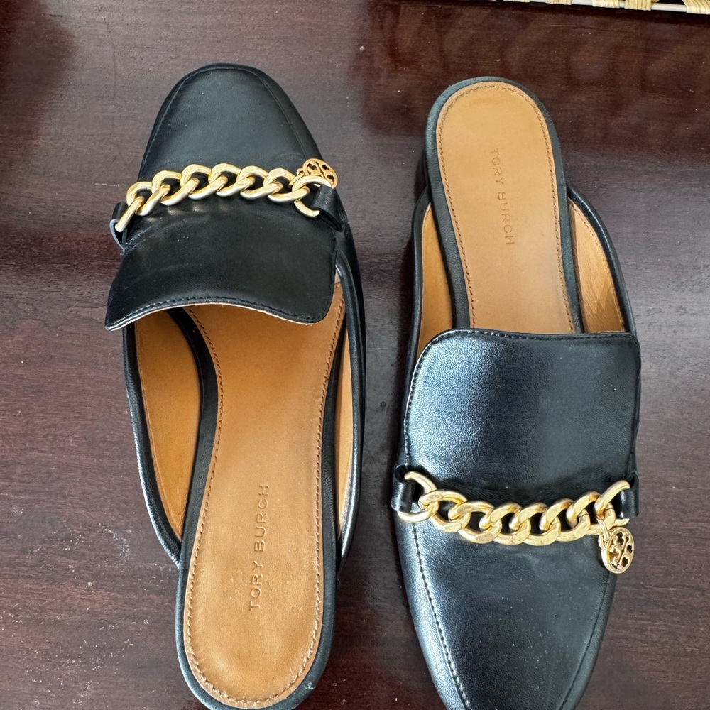 Tory Burch Black Flats with Gold Chain Accent